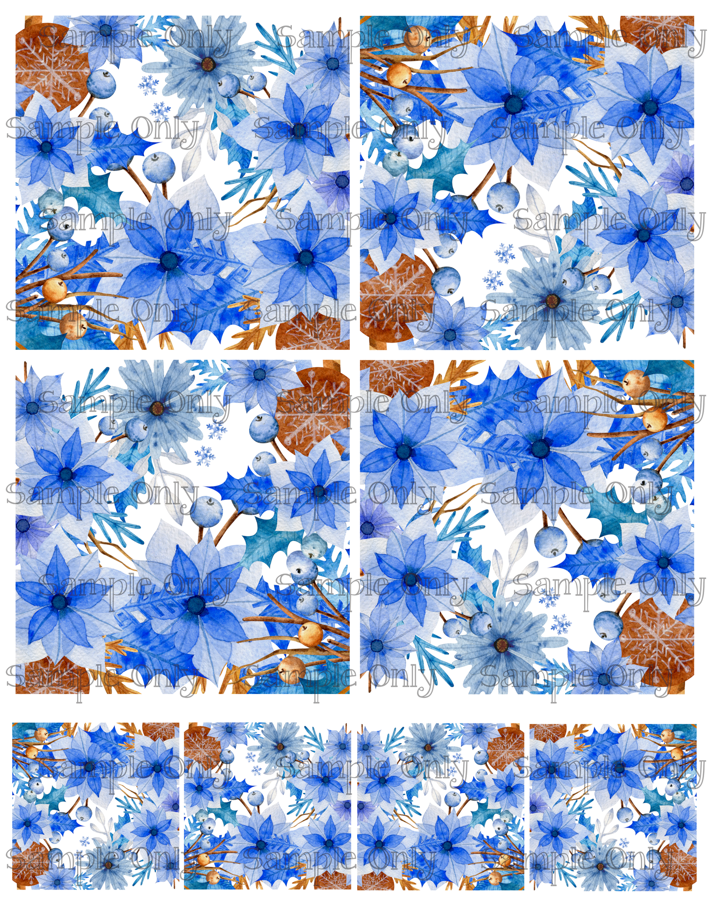 4 Inch Blue Christmas Floral Image Sheet For Polymer Clay Transfer Decal DIGITAL FILE OR PRINTED