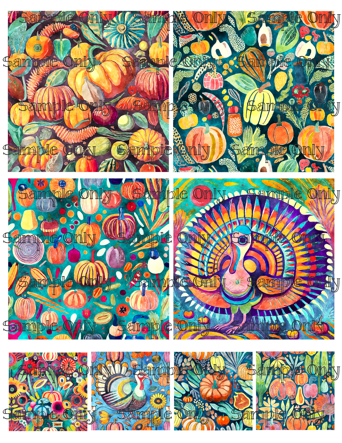 4 Inch Folk Style Thanksgiving Set 3 Image Sheet For Polymer Clay Transfer Decal DIGITAL FILE OR PRINTED