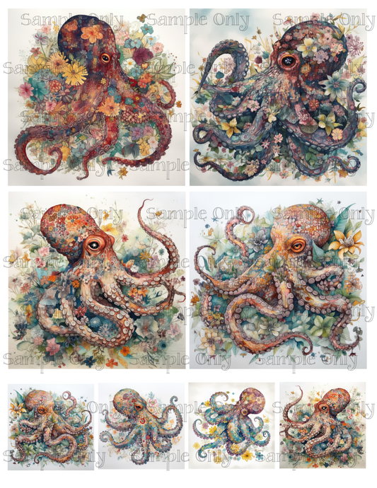 4 Inch Watercolor Floral Octopus Image Sheet For Polymer Clay Transfer Decal DIGITAL FILE OR PRINTED