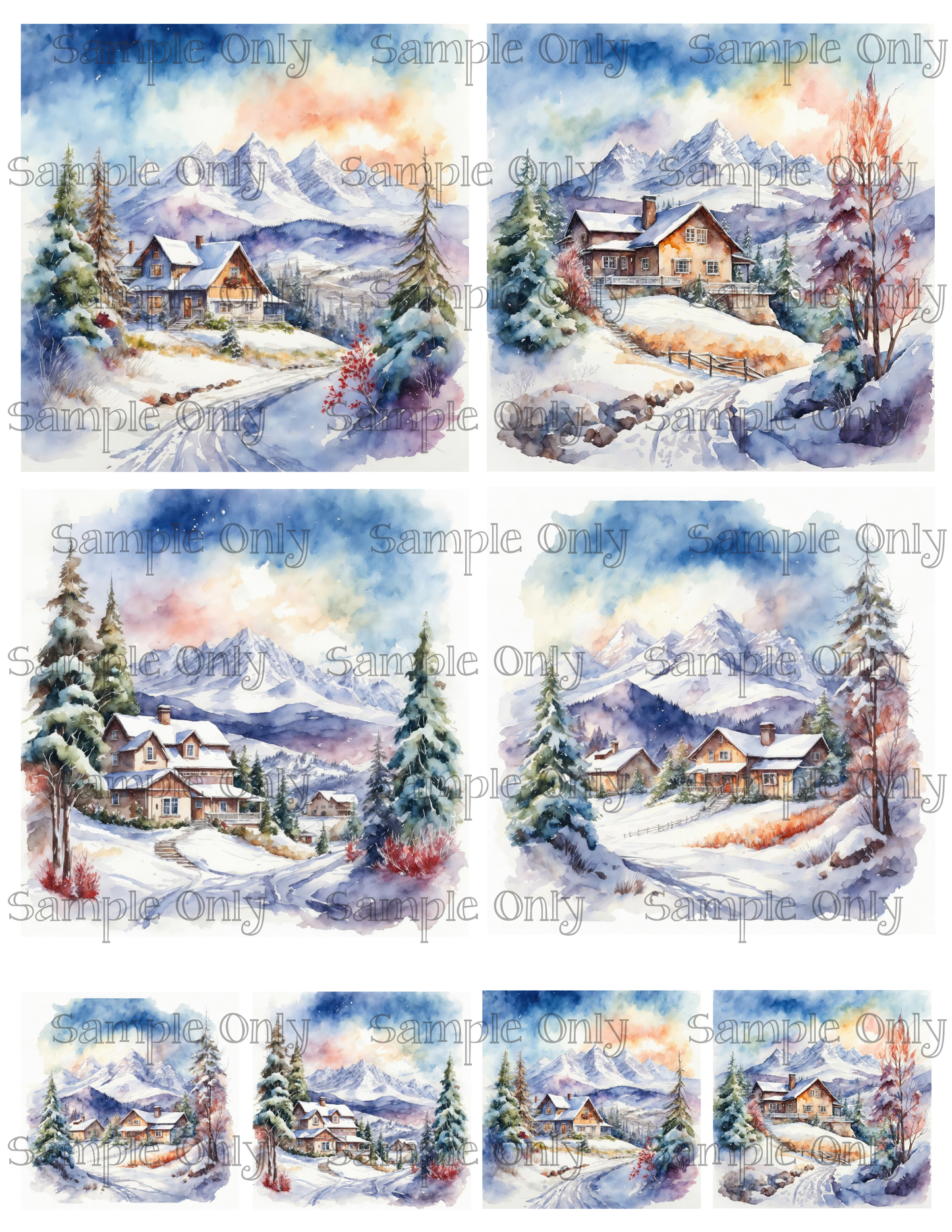 4 Inch Watercolor Winter Forest Landscape Image Sheet For Polymer Clay Transfer Decal DIGITAL FILE OR PRINTED