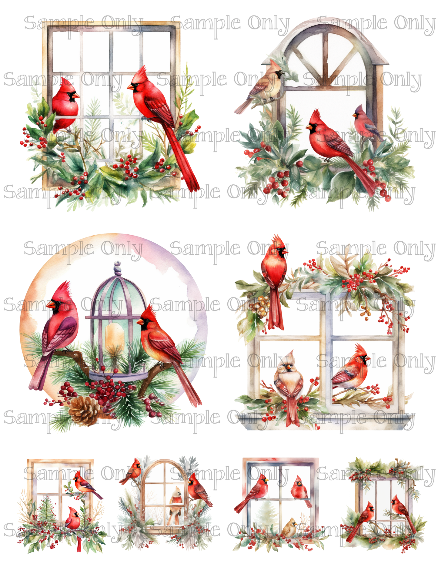 4 Inch Christmas Cardinal Bird Window Scenes Image Sheet For Polymer Clay Transfer Decal DIGITAL FILE OR PRINTED