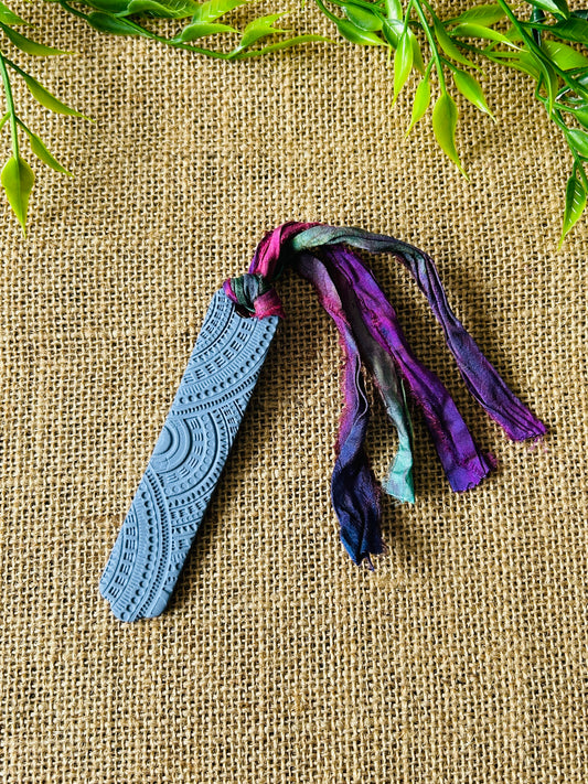 Deep Periwinkle Modern Arches Polymer Clay Bookmark With Sari Silk Ribbon Tassel