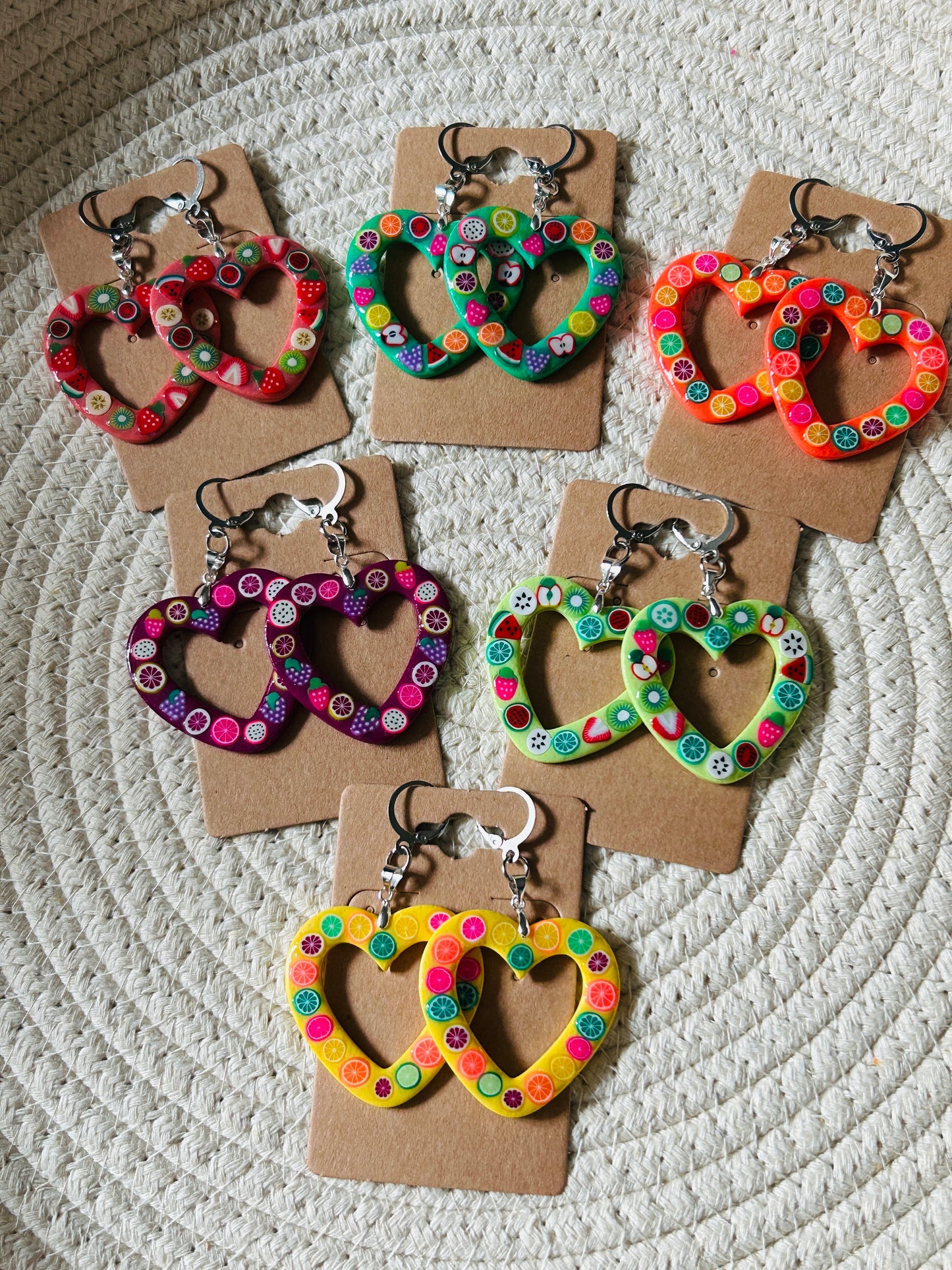 Fancy Fruit Statement Heart Dangle Earrings YOU CHOOSE FROM 6 COLORS