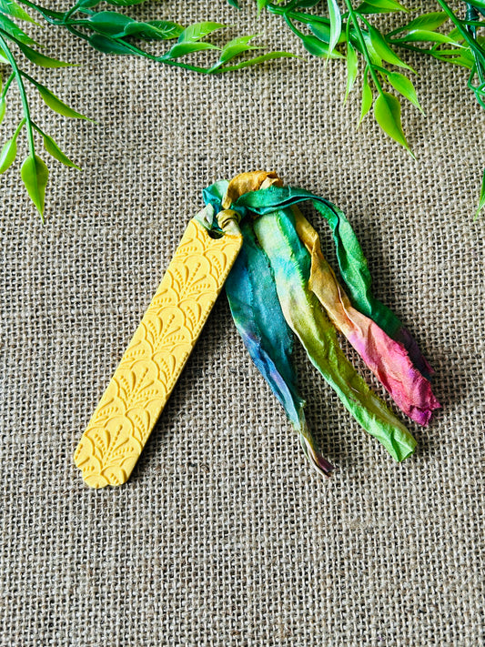 Sunny Yellow Ornate Scallop Polymer Clay Bookmark With Sari Silk Ribbon Tassel