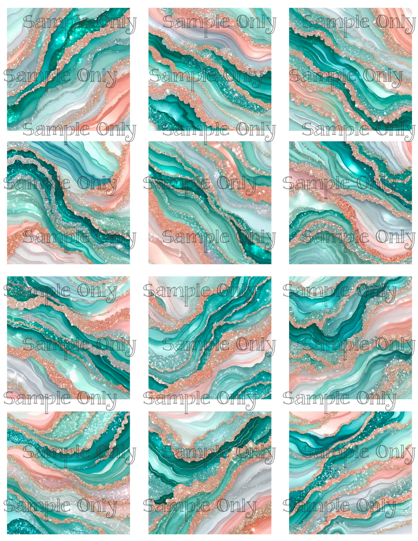 Aquamarine and Coral Faux Ink 2 Inch Image Transfer Sheet For Polymer Clay
