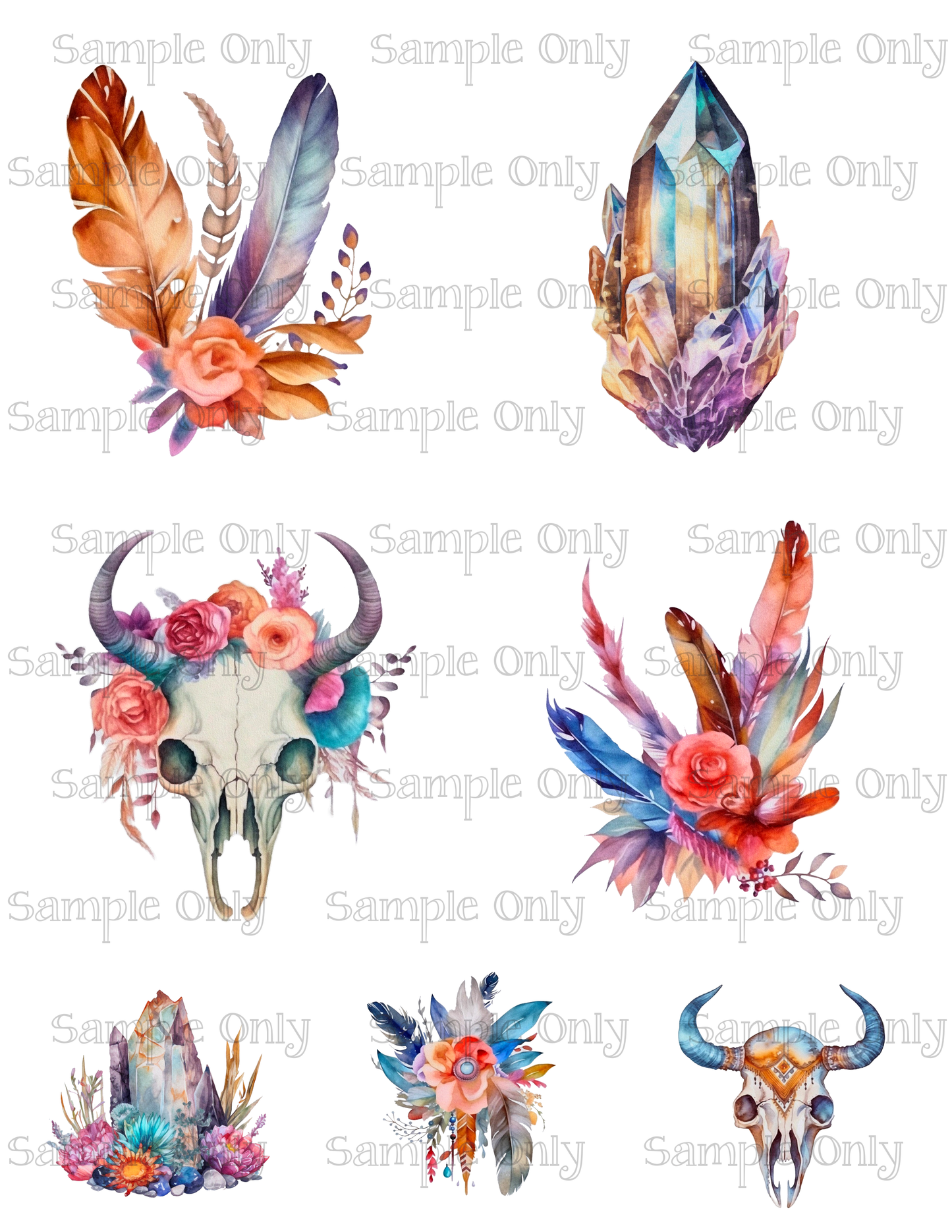 3.5 Inch Bohemian Floral Feather and Skulls Set-01 Image Sheet For Polymer Clay Transfer Decal DIGITAL FILE OR PRINTED