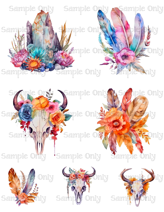 3.5 Inch Bohemian Floral Feather and Skulls Set-02 Image Sheet For Polymer Clay Transfer Decal DIGITAL FILE OR PRINTED