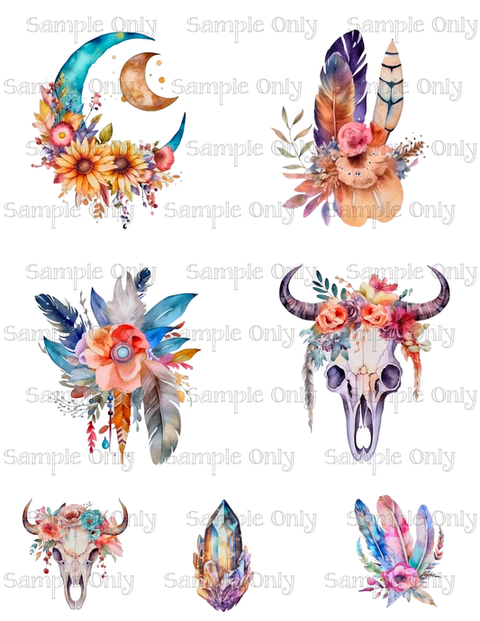 3.5 Inch Bohemian Floral Feather and Skulls Set-03 Image Sheet For Polymer Clay Transfer Decal DIGITAL FILE OR PRINTED