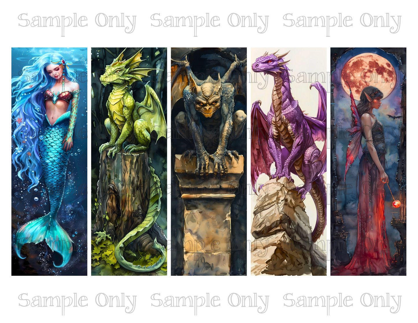 Fantasy Theme Set 4- 2x6 inch Bookmark Printed Water Soluble Image Transfer Sheet For Polymer Clay