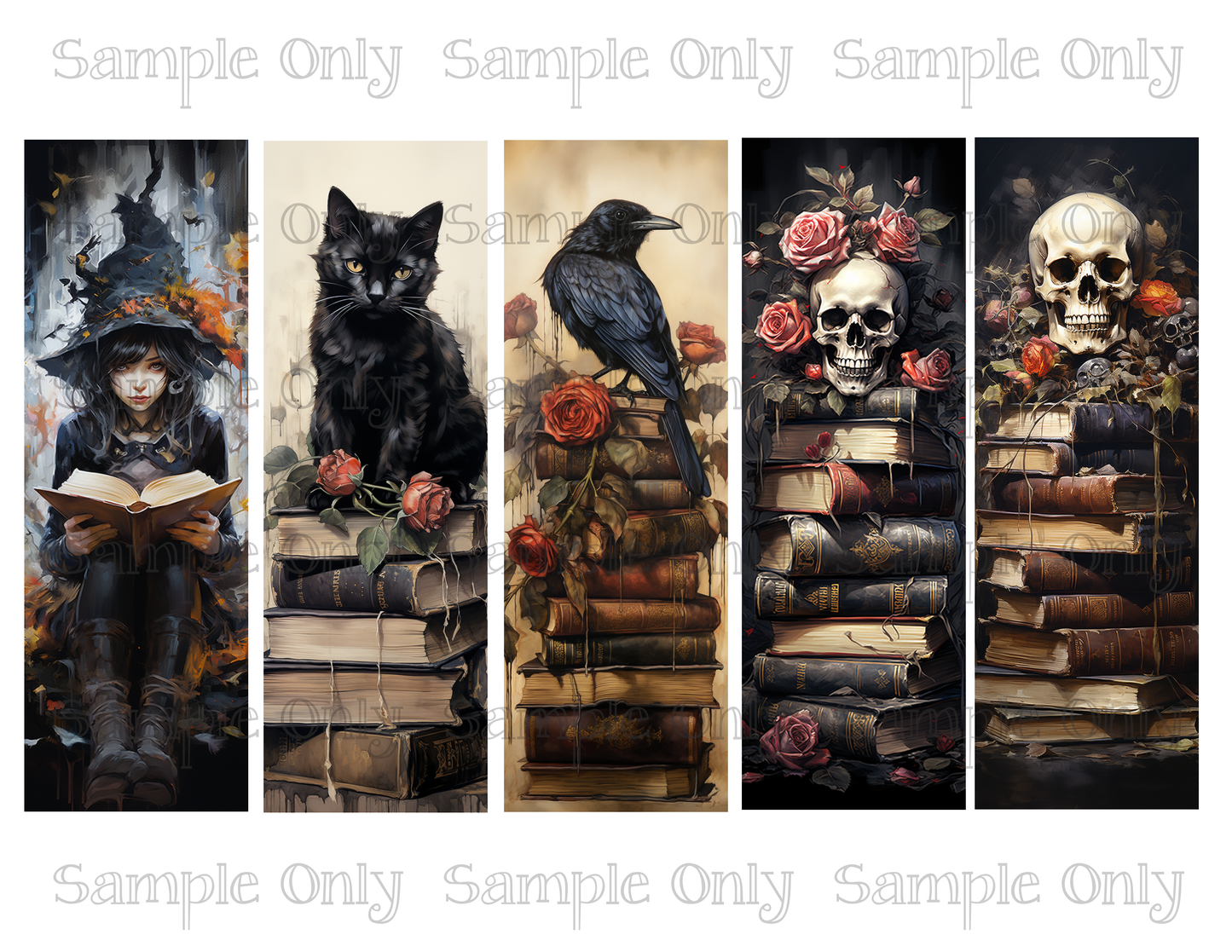 Gothic Books Set 1- 2x6 inch Bookmark Printed Water Soluble Image Transfer Sheet For Polymer Clay