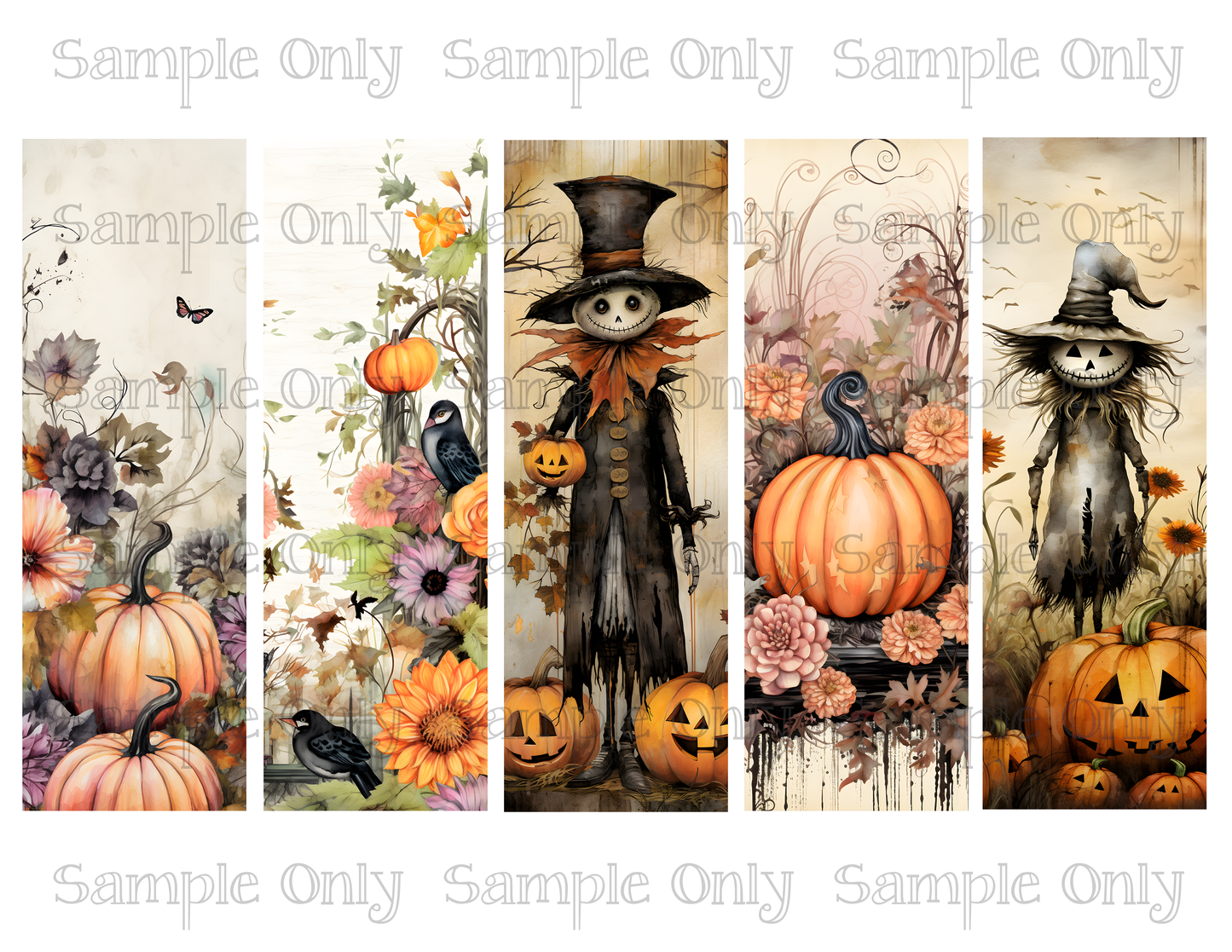 Halloween Pumpkins Set 1- 2x6 inch Bookmark Printed Water Soluble Image Transfer Sheet For Polymer Clay