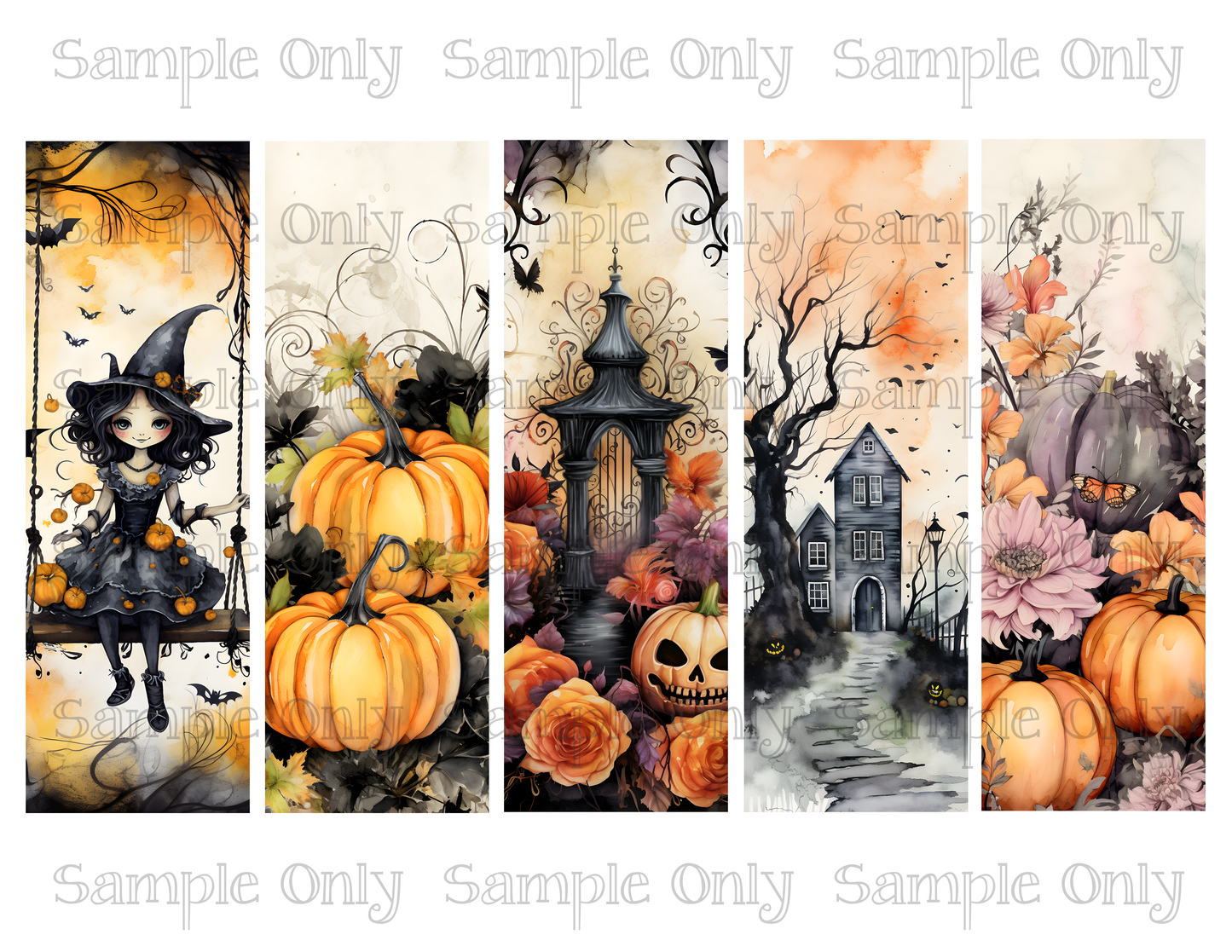 Halloween Pumpkins Set 2- 2x6 inch Bookmark Printed Water Soluble Image Transfer Sheet For Polymer Clay