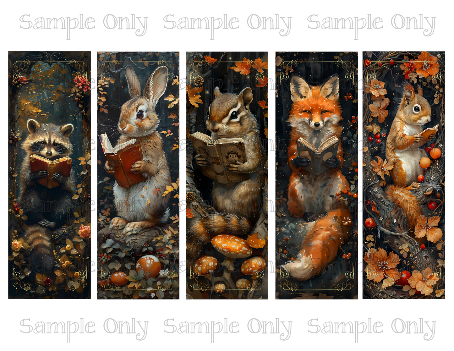 Woodland Animals with Books 2x6 inch Bookmark Printed Water Soluble Image Transfer Sheet For Polymer Clay