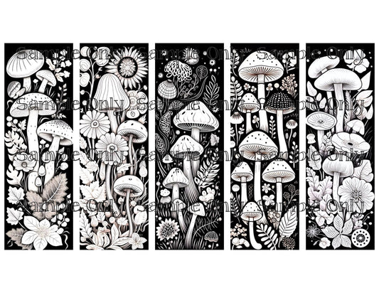 Monochromatic Mushrooms Bookmark Set 05 Printed Water Soluble Image Transfer Sheet For Polymer Clay