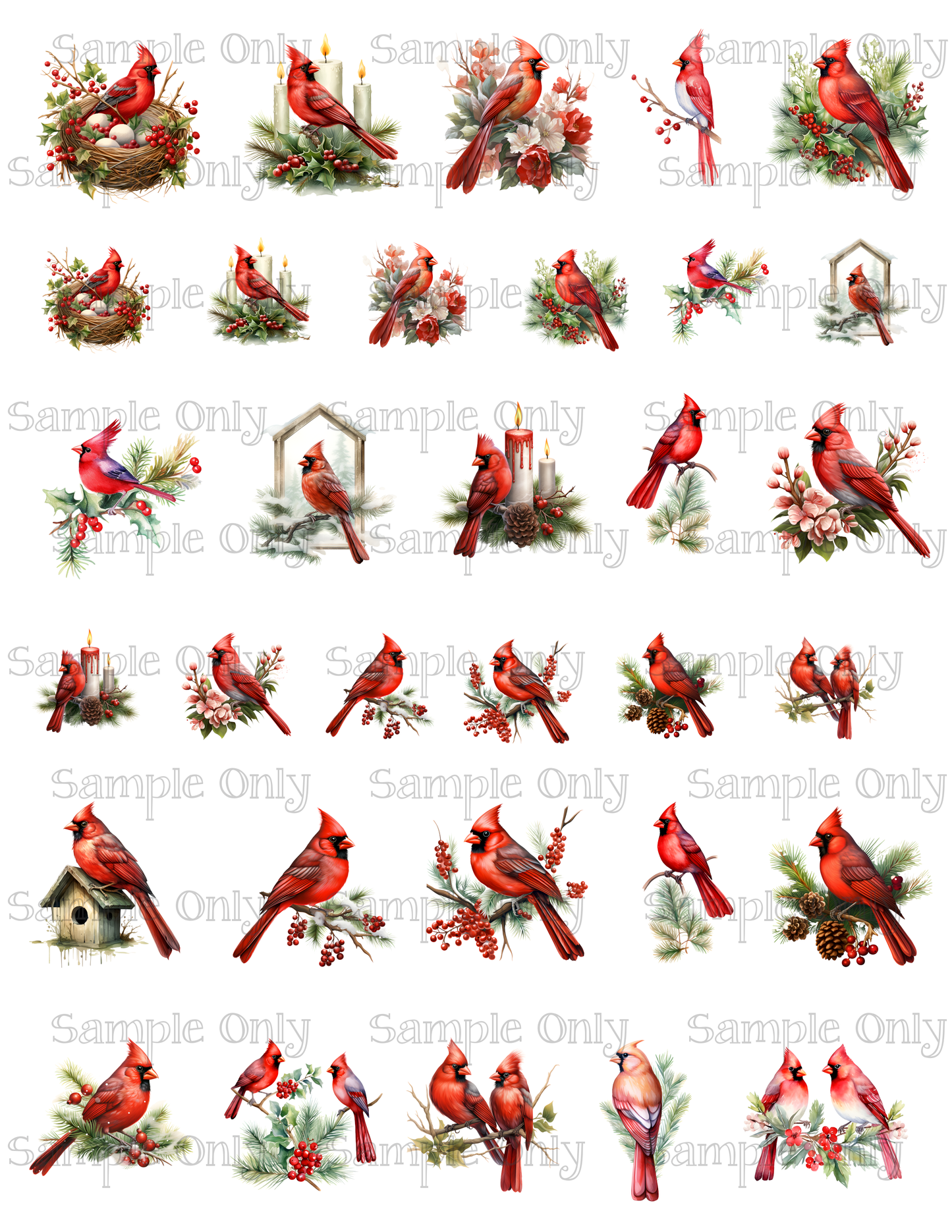 1 - 1.5 Inch Cardinal Bird Image Sheet For Polymer Clay Transfer Decal DIGITAL FILE OR PRINTED