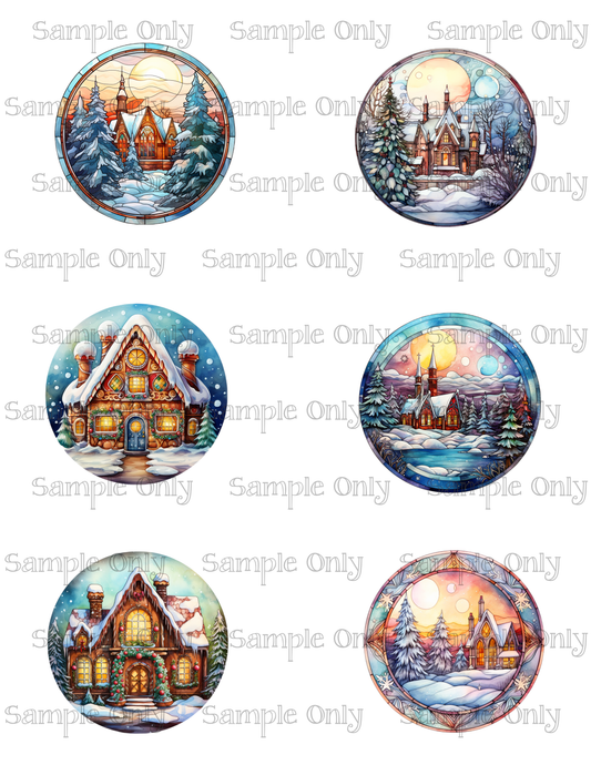 2.5 Inch Christmas Stained Glass House Scene Image Sheet For Polymer Clay Transfer Decal DIGITAL FILE OR PRINTED