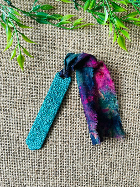 Metallic Sea Green Ornate Pattern Polymer Clay Bookmark With Sari Silk Ribbon Tassel