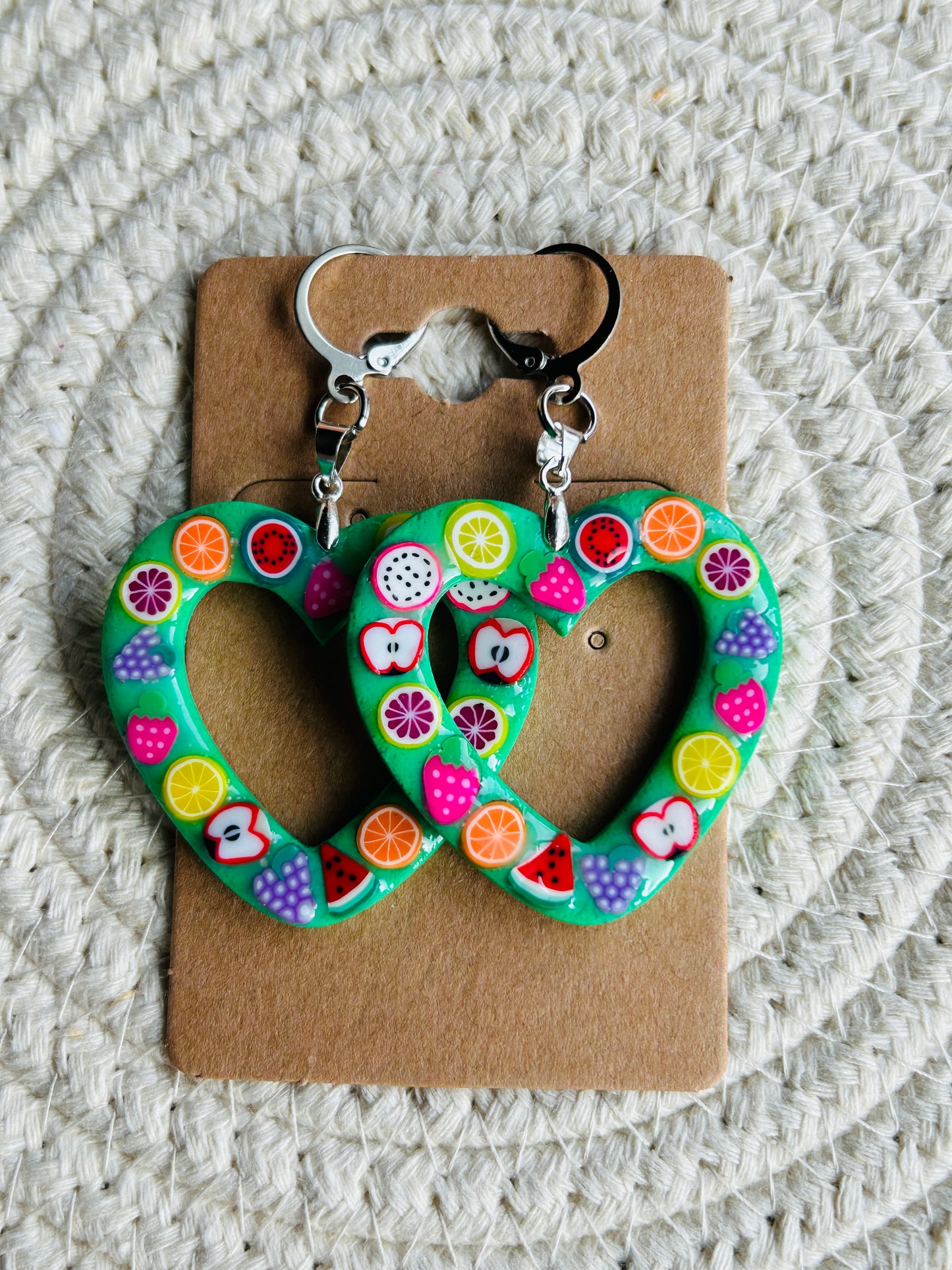 Fancy Fruit Statement Heart Dangle Earrings YOU CHOOSE FROM 6 COLORS