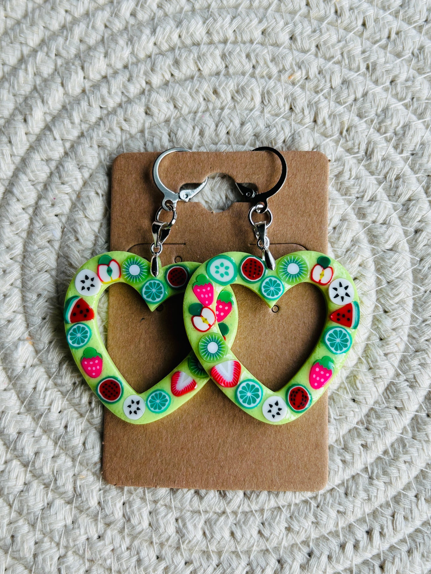 Fancy Fruit Statement Heart Dangle Earrings YOU CHOOSE FROM 6 COLORS