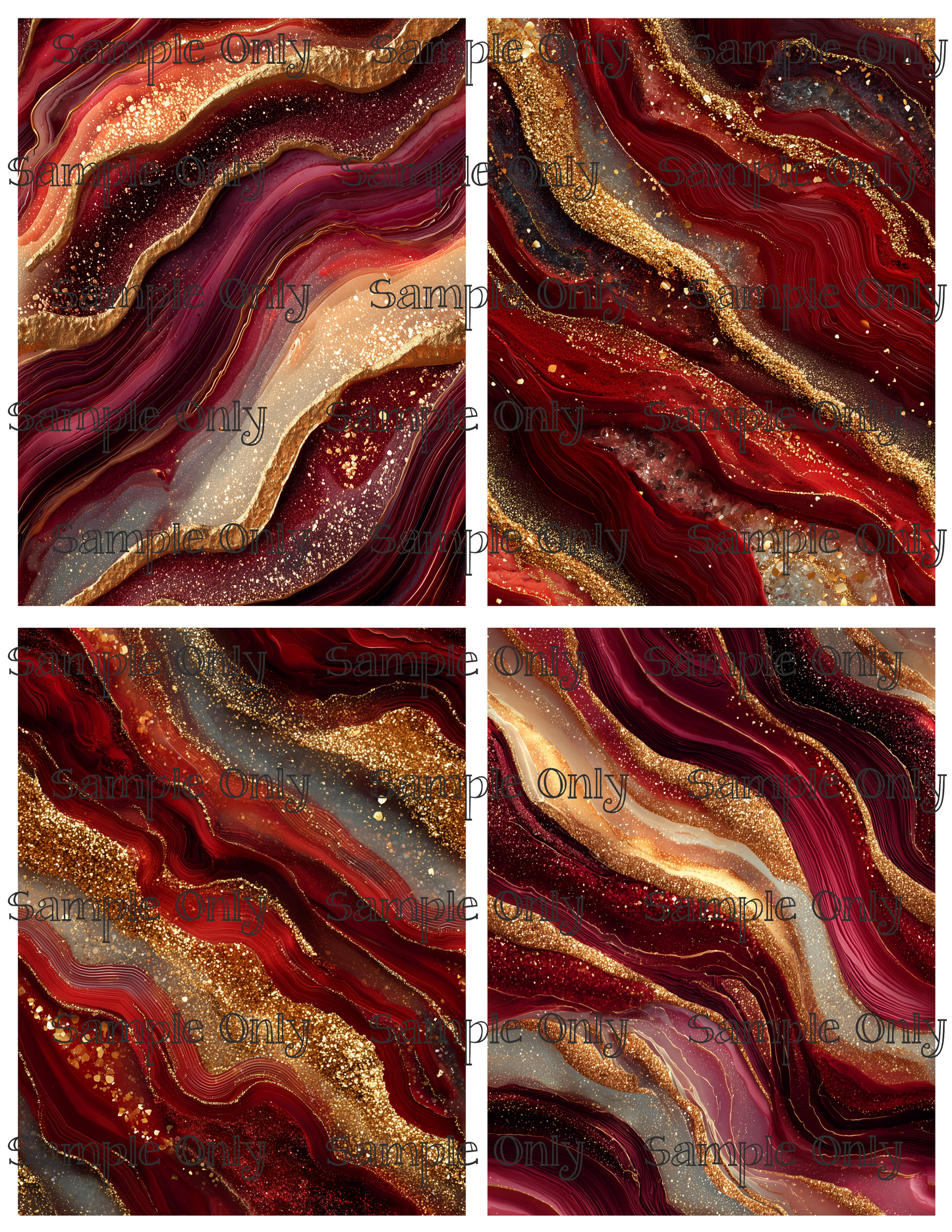 Geode Quad Ruby Red and Gold Agate Stone Pattern Image Transfer Sheet For Polymer Clay