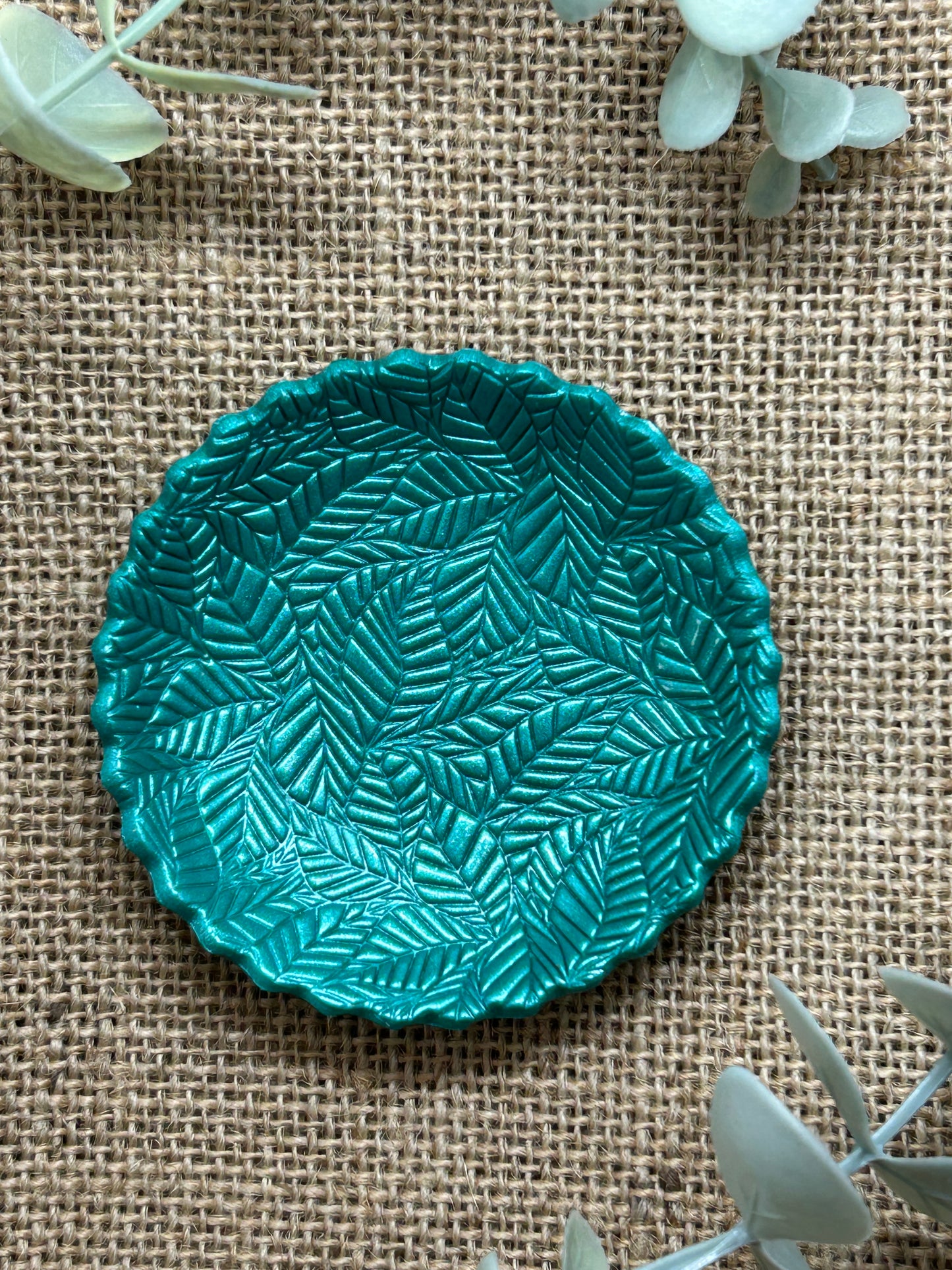 Deep Green Shimmering Leaves Polymer Clay Jewelry Trinket Ring Dish - Size Small 3 Inch