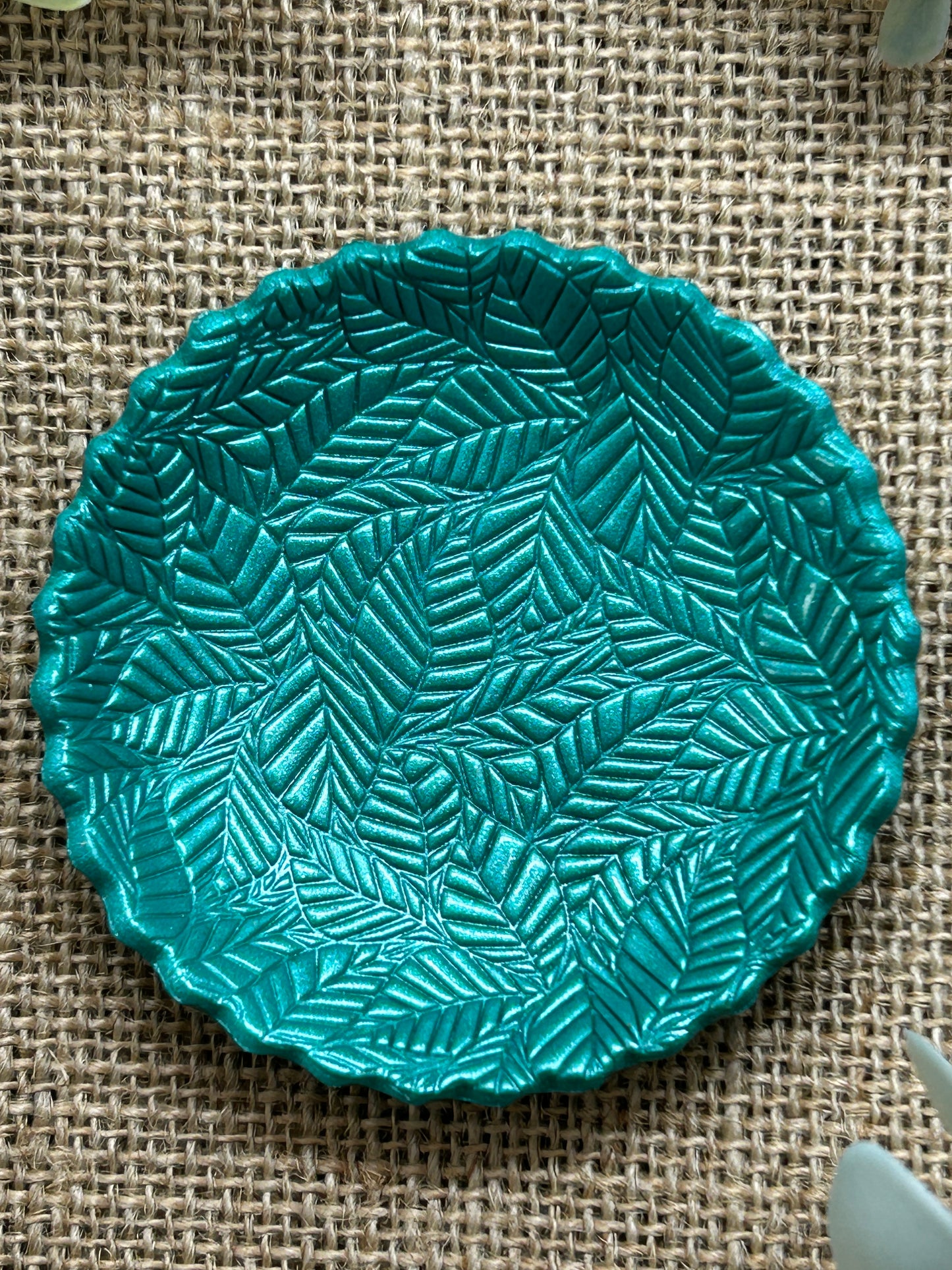 Deep Green Shimmering Leaves Polymer Clay Jewelry Trinket Ring Dish - Size Small 3 Inch