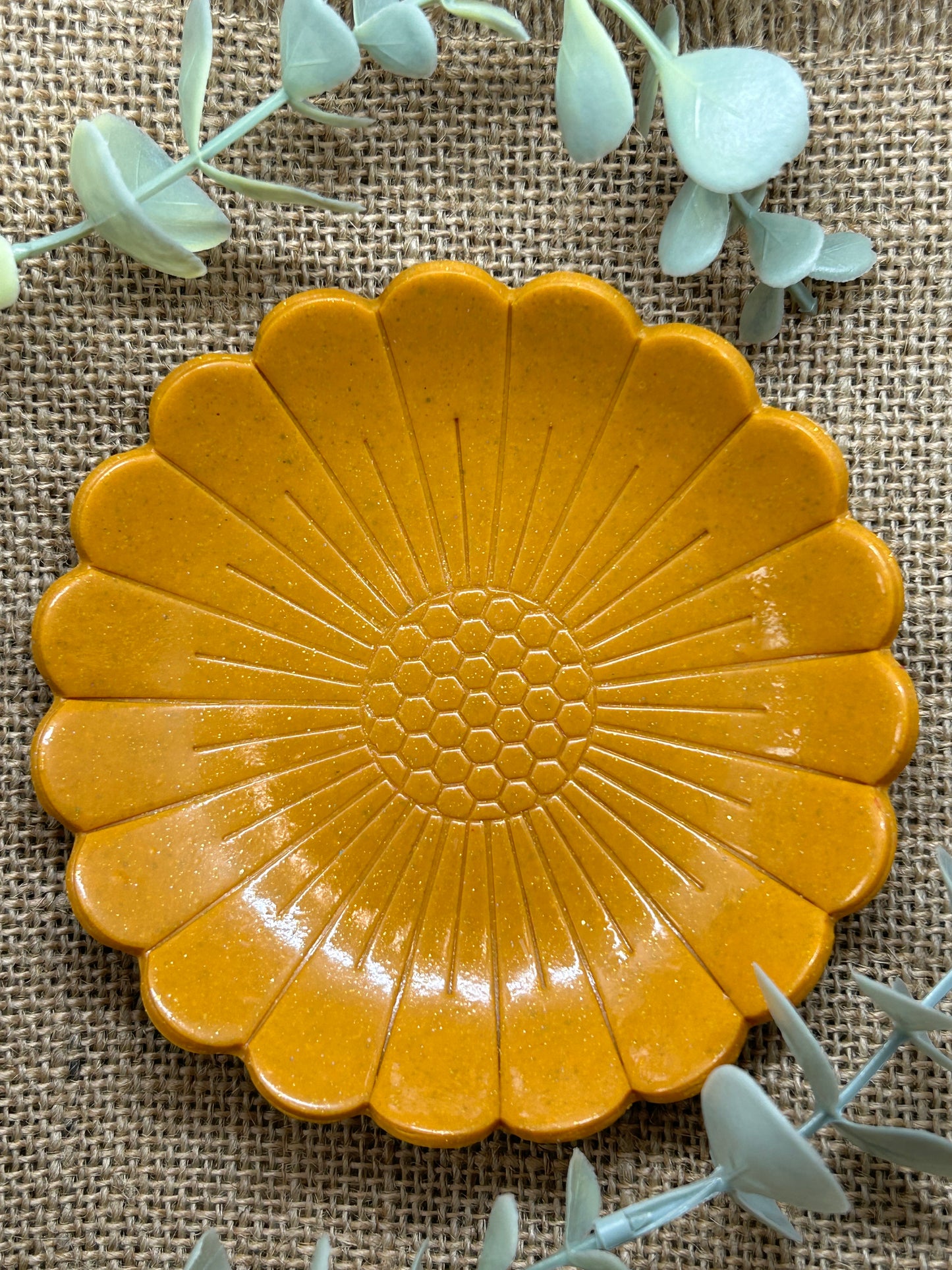 Mustard Yellow Shimmer Daisy Flower Polymer Clay Jewelry Trinket Ring Dish - Size Med 4.5 Inches