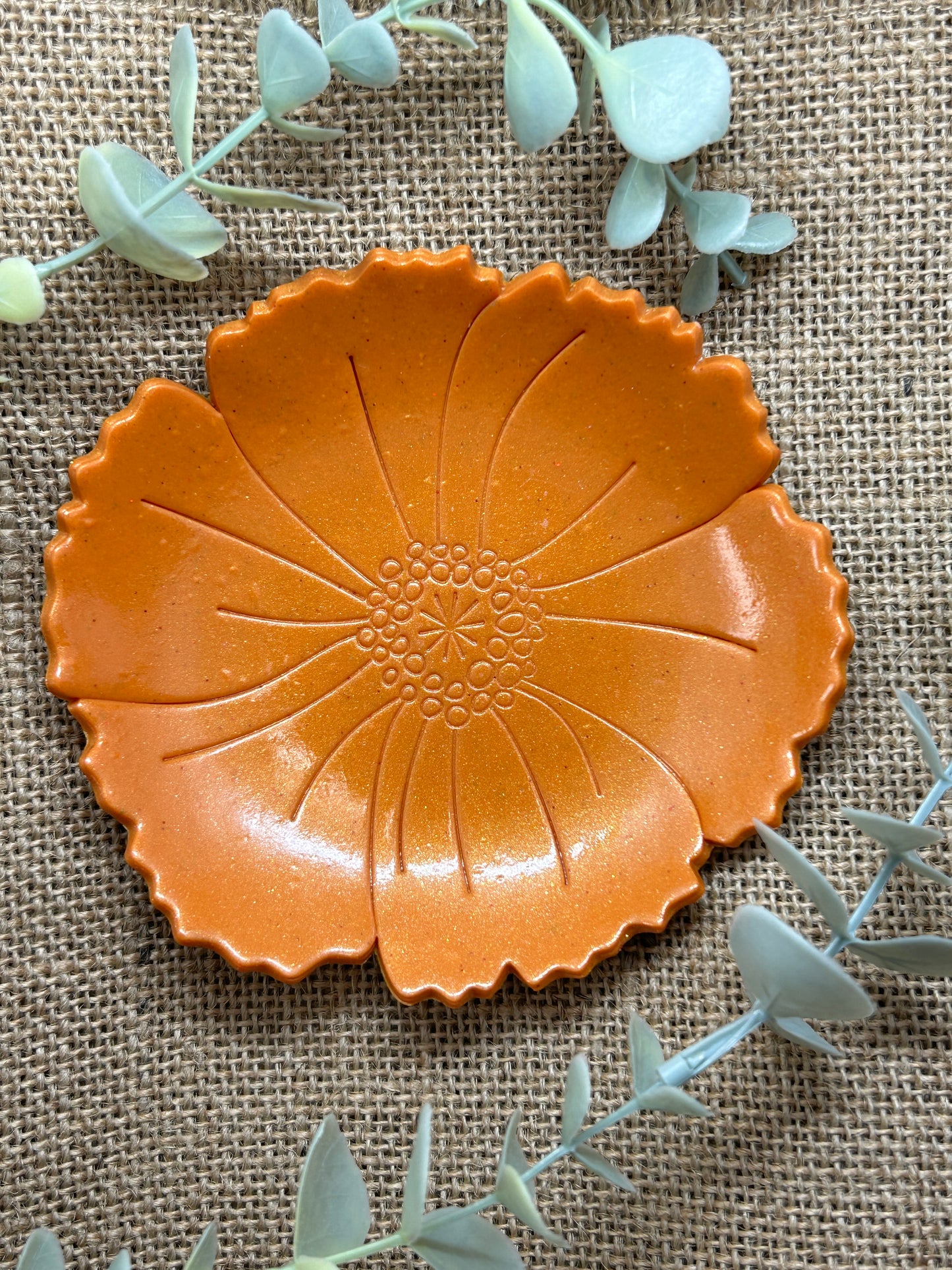 Shimmering Orange Poppy Flower Polymer Clay Jewelry Trinket Ring Dish - Size Med 4.5 Inches