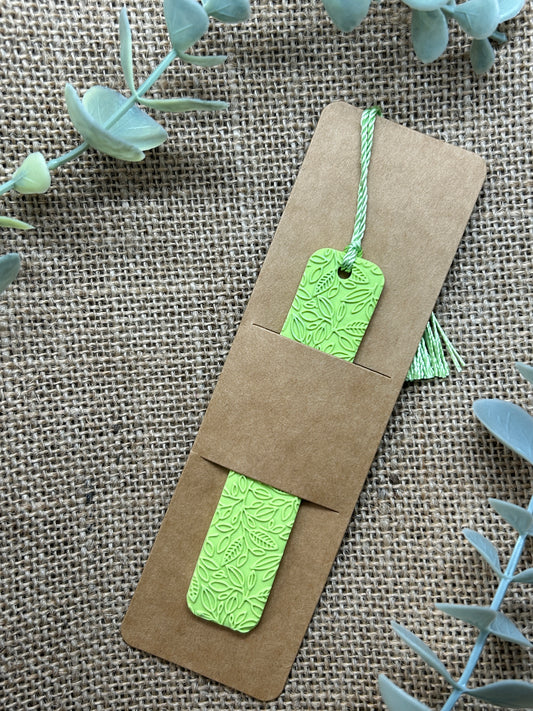 Spring Green Leaf Pattern Polymer Clay Bookmark With Tassel