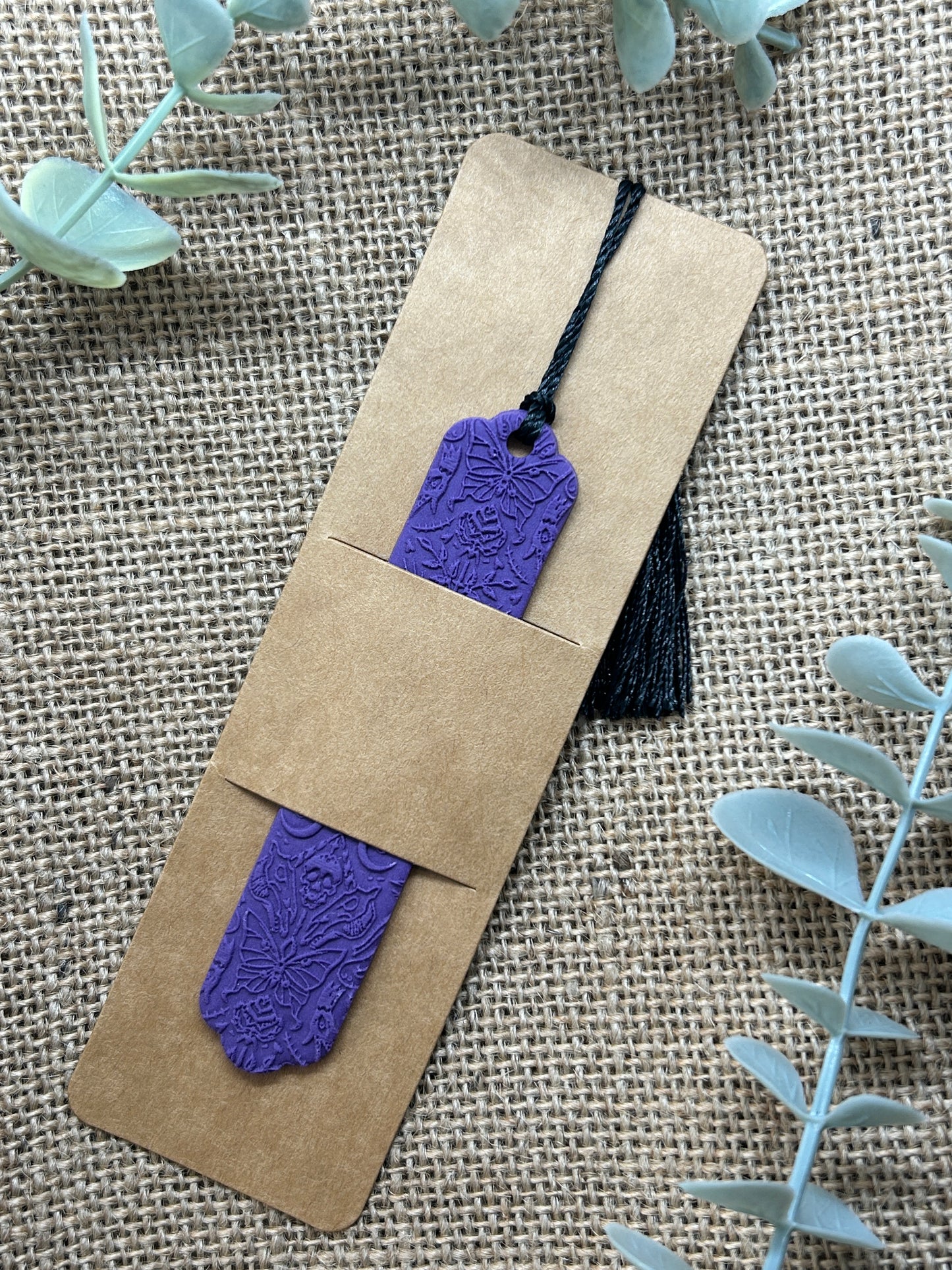 Purple Butterfly and Skull Polymer Clay Bookmark With Black Tassel