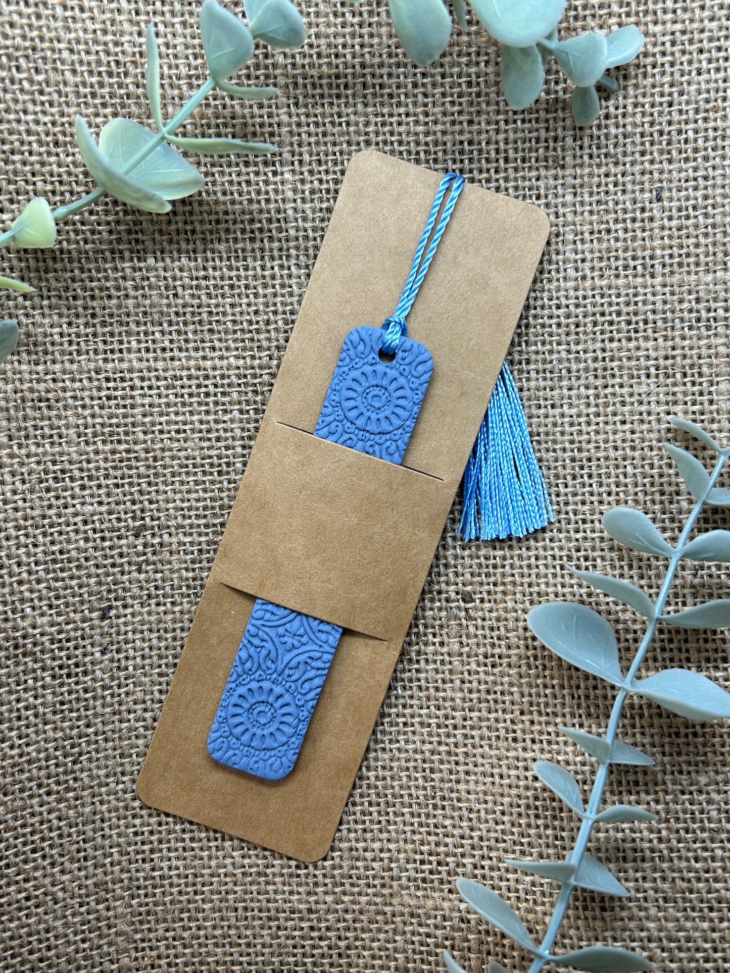 Denim Blue Ornate Pattern Polymer Clay Bookmark With Tassel