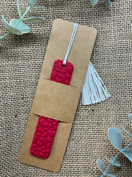 Red Floating Hearts Polymer Clay Bookmark With White Tassel