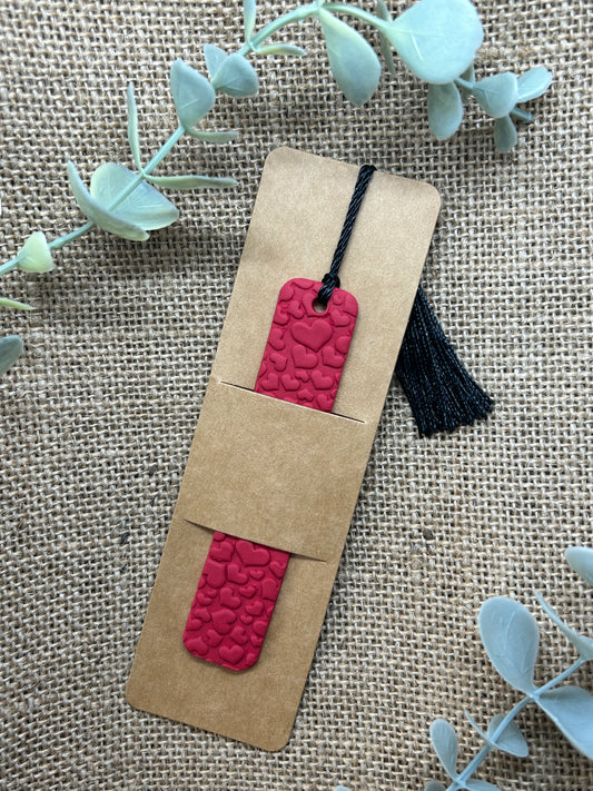 Red Floating Hearts Polymer Clay Bookmark With Black Tassel