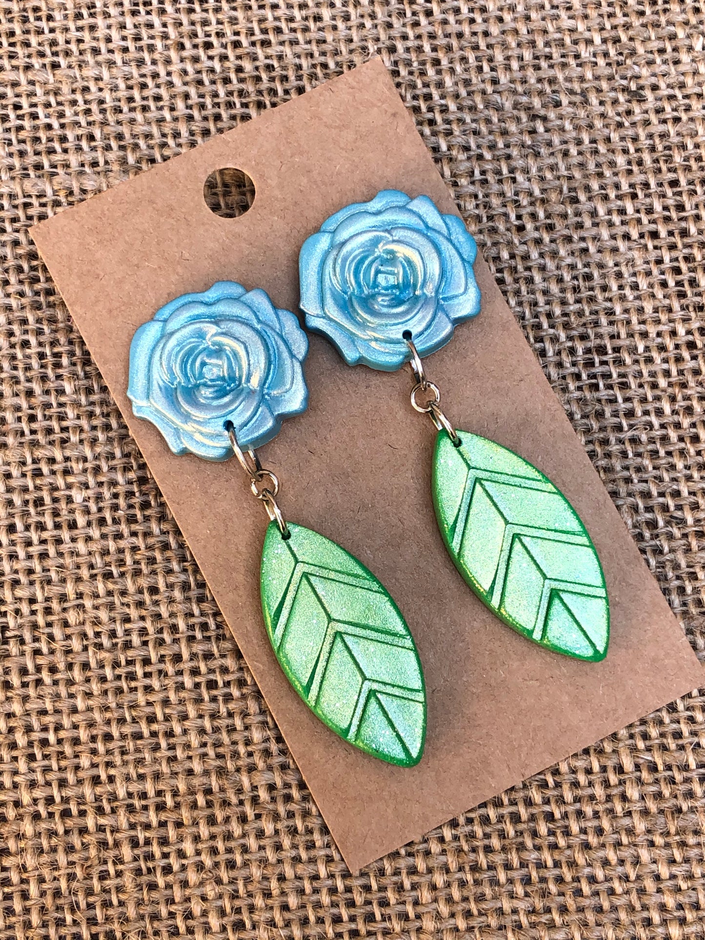 Shimmer Rose and Leaf Dangle Earrings YOU CHOOSE