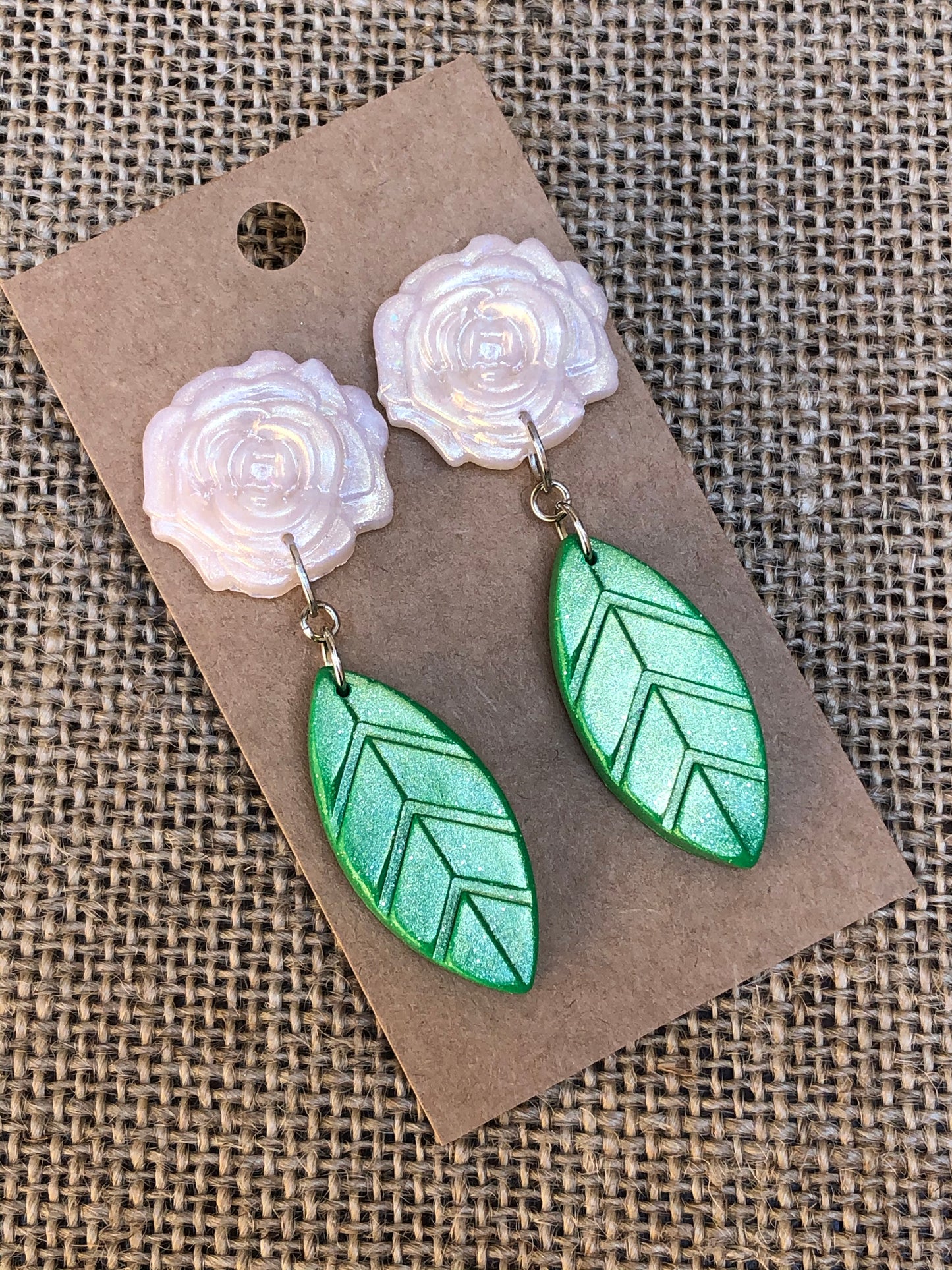 Shimmer Rose and Leaf Dangle Earrings YOU CHOOSE