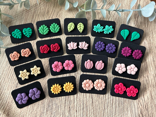 Petite Flower and Leaf Polymer Clay Stud Earrings YOU CHOOSE From 18 Styles