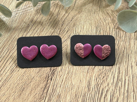 Blackberry Pearl Shimmery Heart Polymer Clay Stud Earrings YOU CHOOSE From 2 Styles