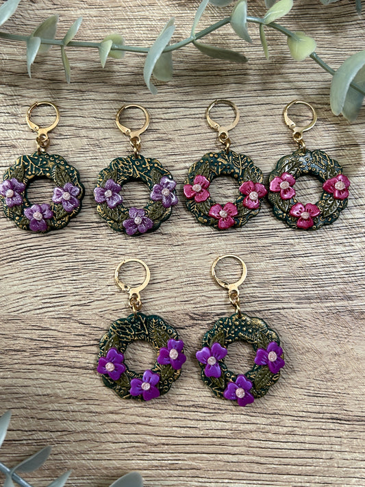 Pansy Flower Garden Wreath Statement Dangle Earrings YOU CHOOSE From 3 Colors