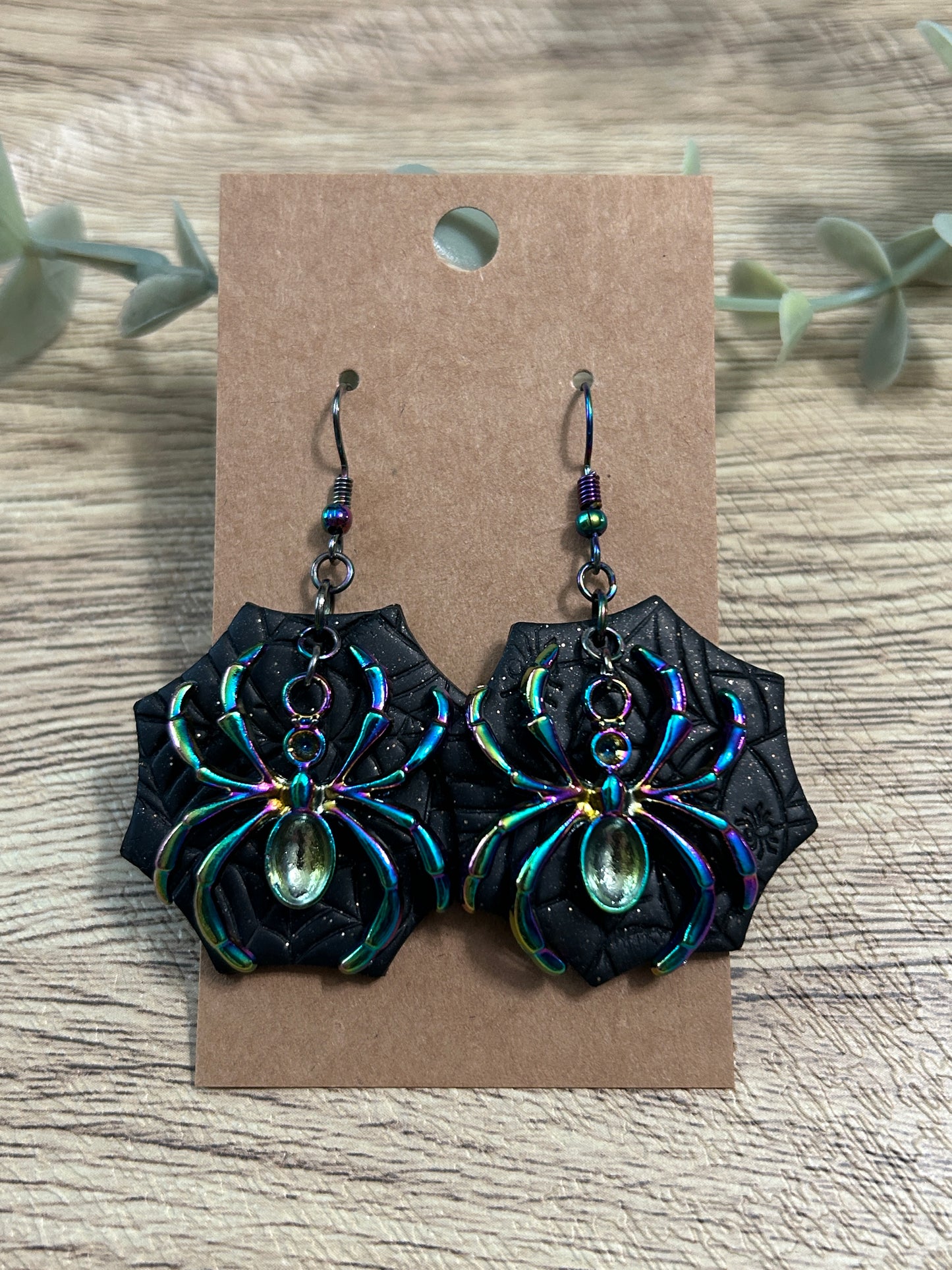 Black Rainbow Spider and Web Statement Dangle Earrings YOU CHOOSE From 4 Colors