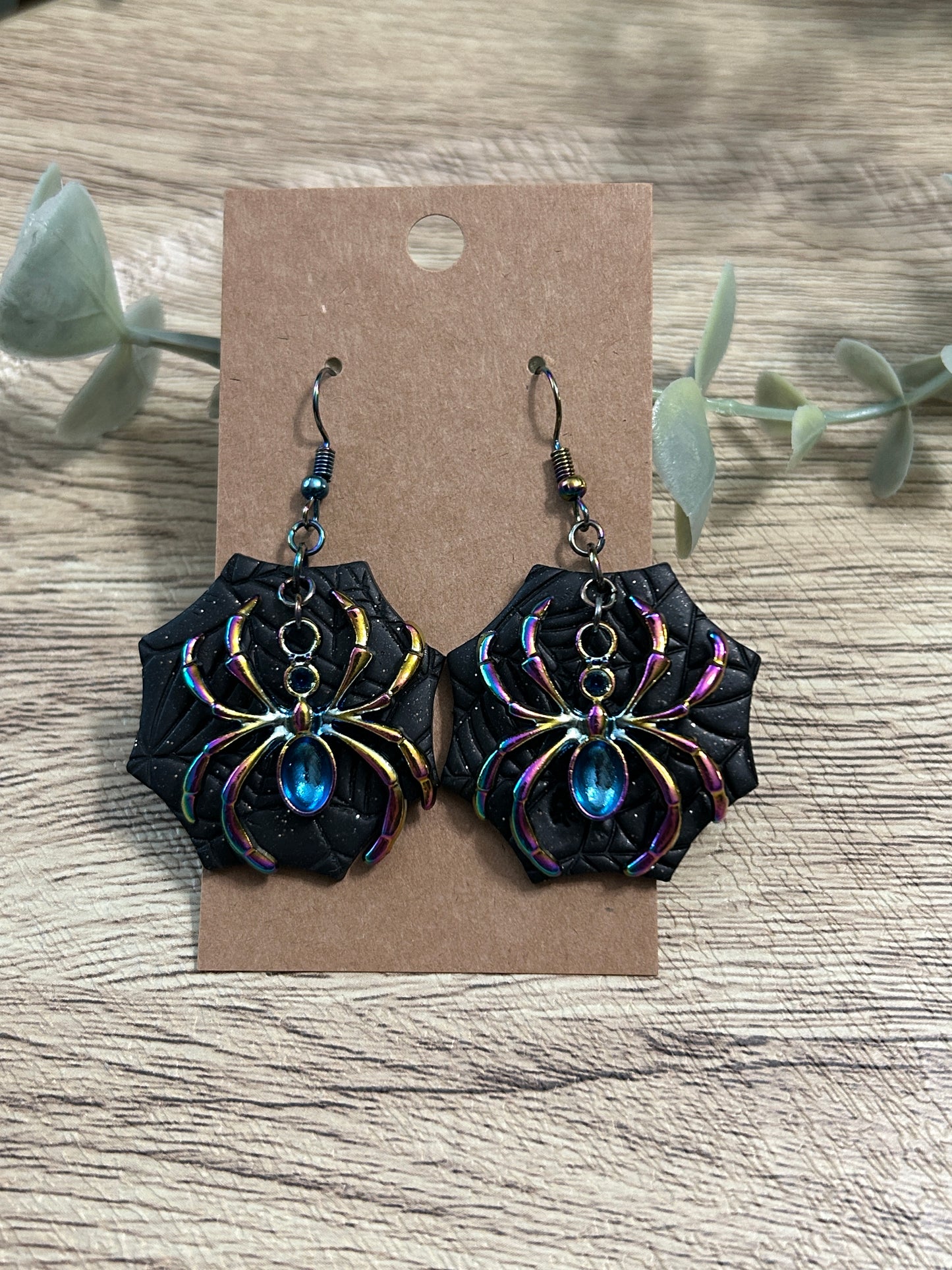 Black Rainbow Spider and Web Statement Dangle Earrings YOU CHOOSE From 4 Colors