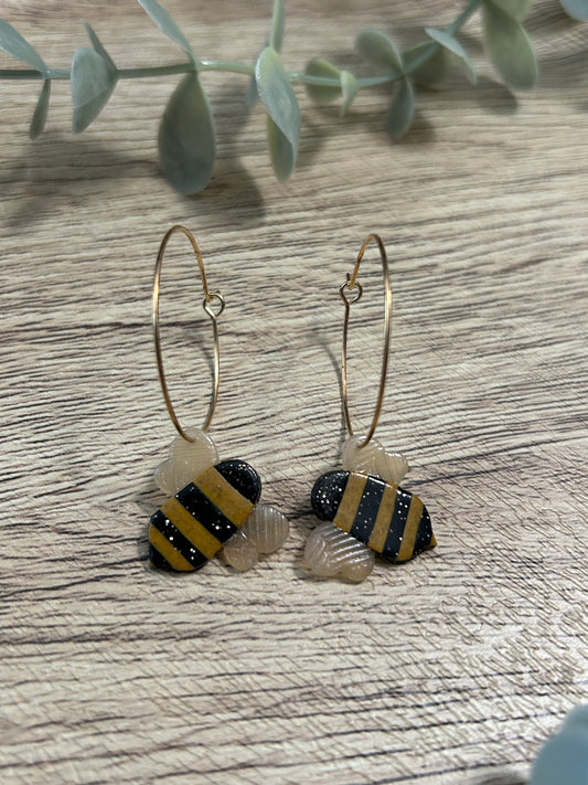 Sweet Bumblebee Insect Statement Dangle Hoop Earrings