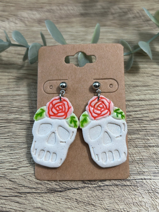 Floral Skull With Pink Roses Statement Dangle Earrings