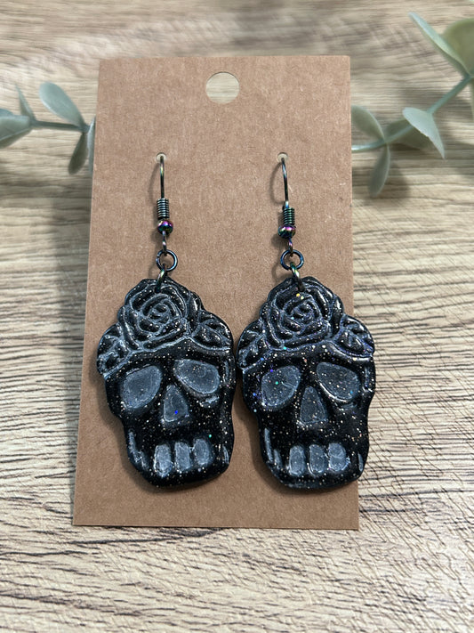 Glittery Black Grunge Floral Skull With Rose Headdress Statement Dangle Earrings