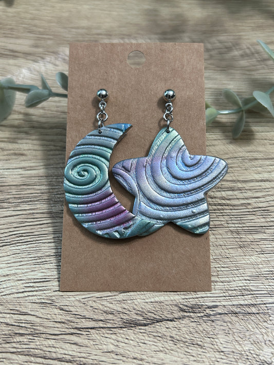 Pastel Galaxy Swirl Star and Moon Statement Dangle Earrings YOU CHOOSE