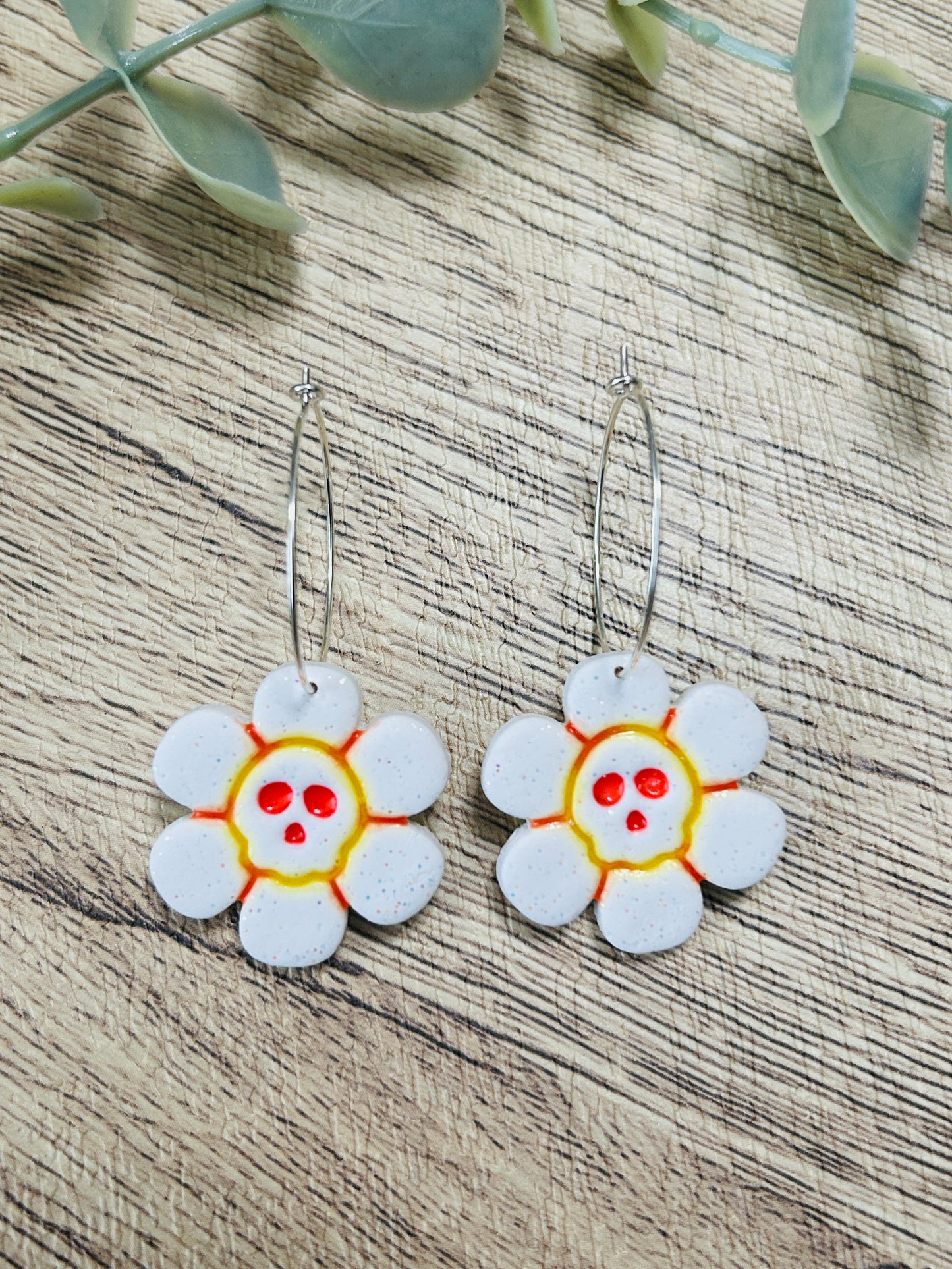 Glittery Skull Flower Statement Dangle Hoop Earrings