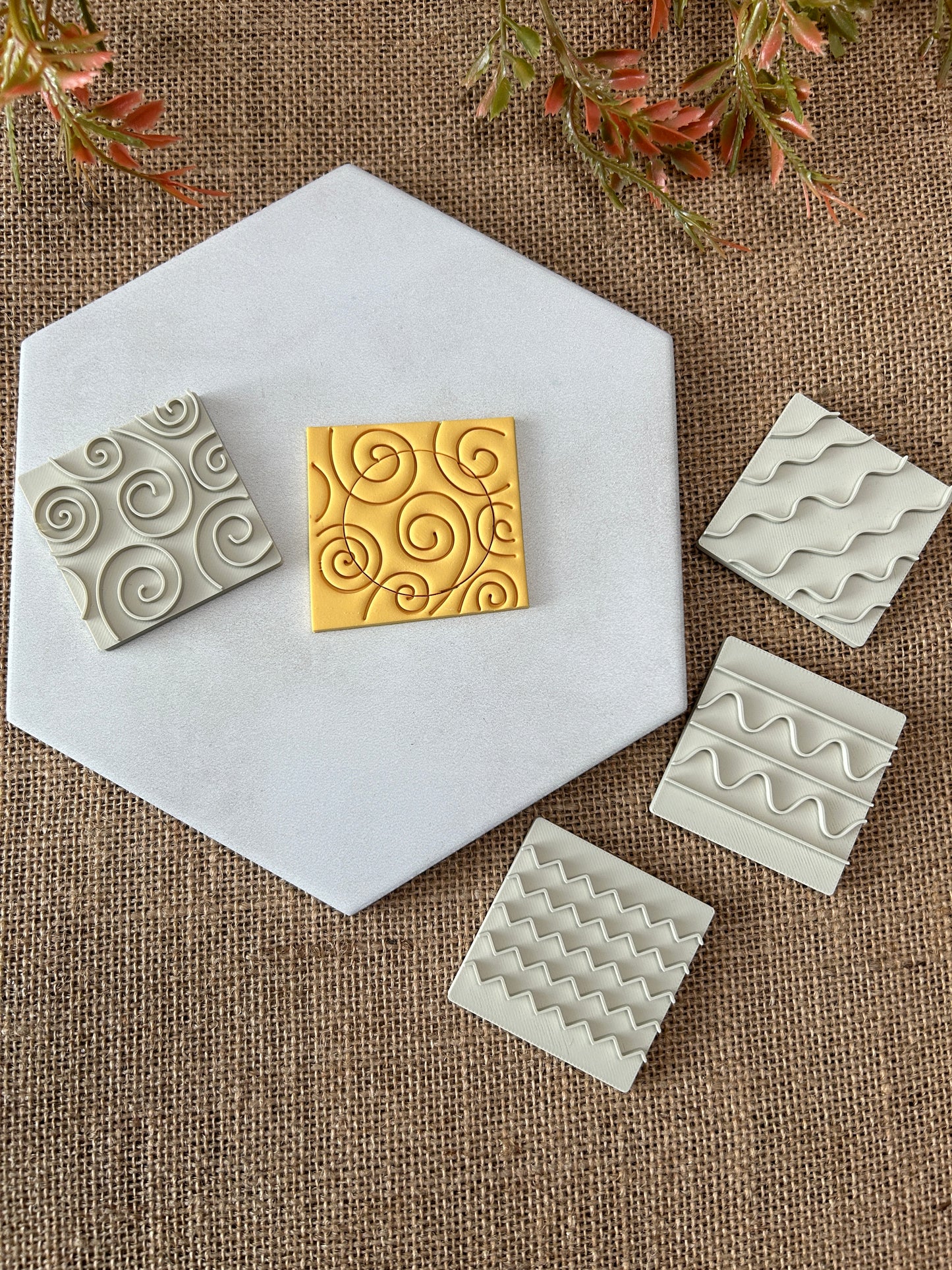 4Pc - 2 Inch Swirls and Waves Pattern Texture Stamps For Polymer Clay