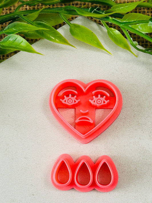 2pc Crying Heart Face and Tear Dangles Imprint Cutter Set Polymer Clay Cutter 6 Sizes You Choose