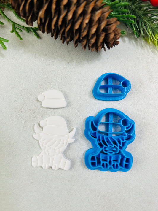 2pc Highland Cow With Santa Hat Imprint Polymer Clay Cutter Set 4 Sizes You Choose