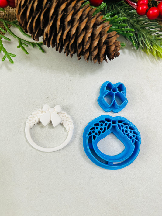 2pc Christmas Wreath Hoop with Bow Imprint Polymer Clay Cutter Set 3 Sizes You Choose