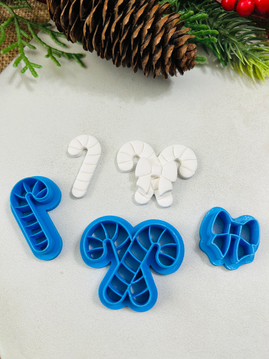 3pc Candy Cane and Bow Polymer Clay Cutter Set 3 Sizes You Choose